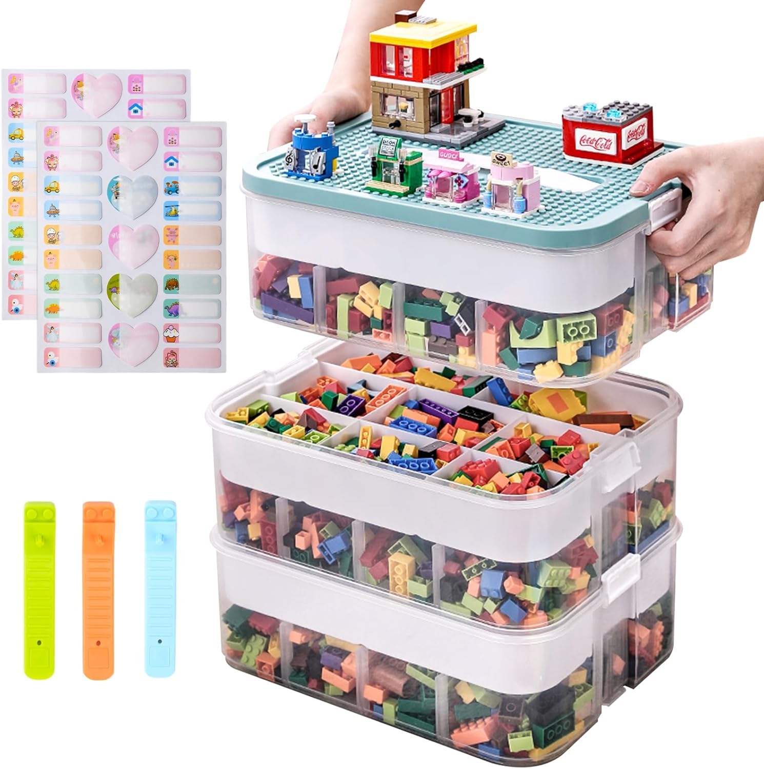 Scatole di Plastica per Lego, 3 Strati Trasparenti Scatola Giochi per Bambini con Scomparti,Contenitori Mattoncini Impilabili,per Riporre i Giocattoli dei Bambini (Solo scatola)