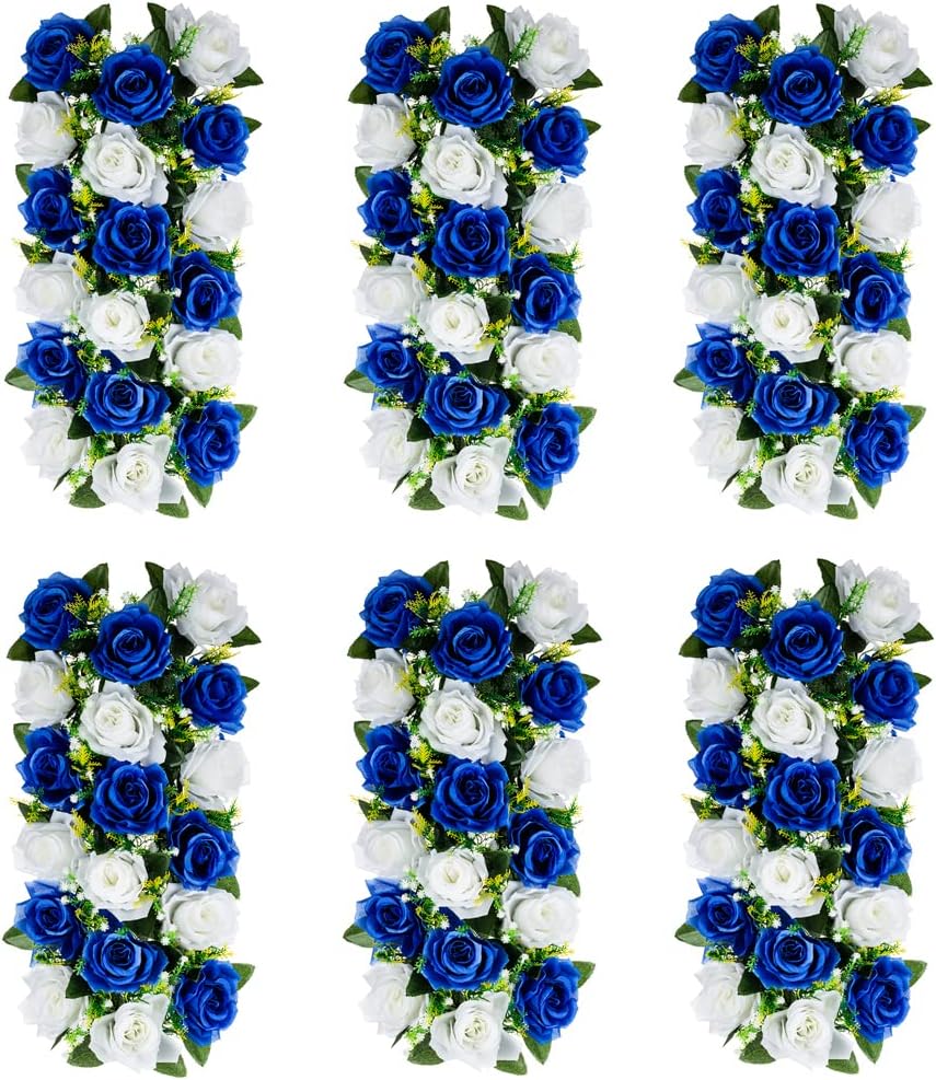 Flower Table Decorations for Wedding - 6 Pcs Artificial Table Flower Arrangement, Weeding Rose Floral Centerpieces for Reception, Table Runner, Dining Table, Kitchen, Royal Blue & White