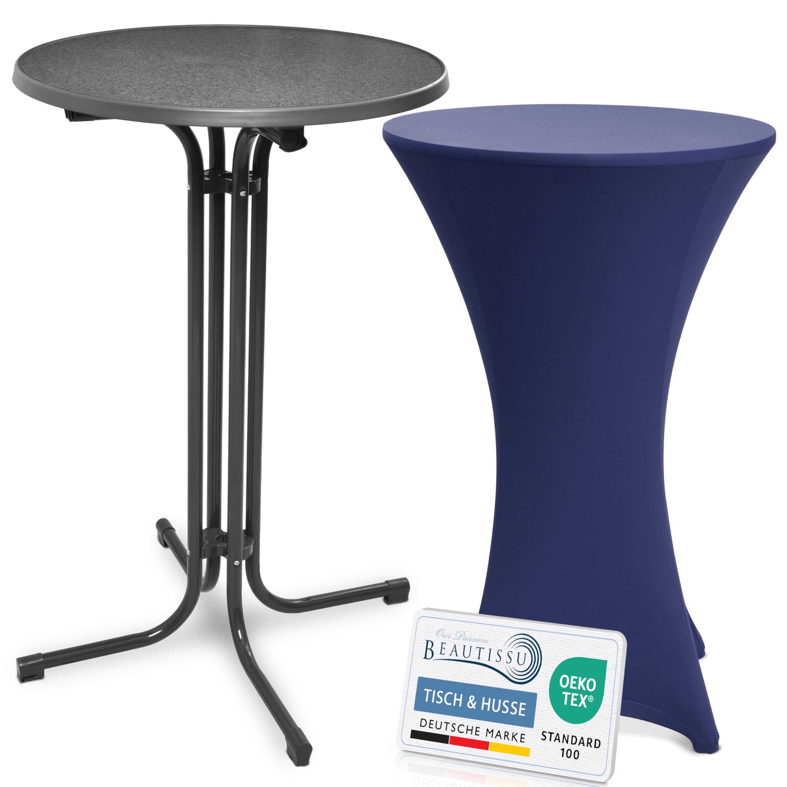 Beautissu Stehtisch mit Hussen – Klappbarer Stehtisch 70 cm Grau inkl. Stretchhusse Blau – rutschfest, Waschbar & Bügelfrei – Outdoor Bistrotisch Kratzfest & Wetterfest Bellini & Stella