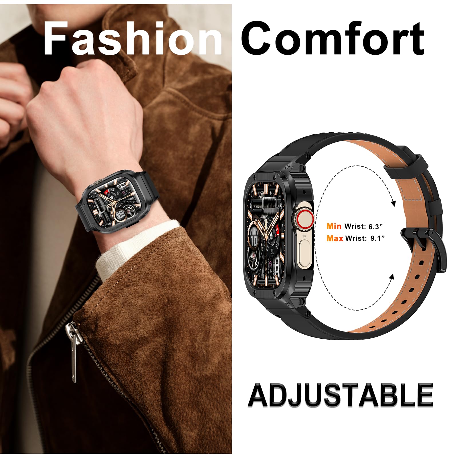 SUPLINK Metallgehäuse mit Leder Armband Kompatibel mit Apple Watch Armbänd 38/40/41/42/44/45/49mm, Robuste Edelstahl Schutzhülle Bumper Echtes Lederarmband für iWatch Ultra Series 9/8/7/6/5/4/3/2/1/SE