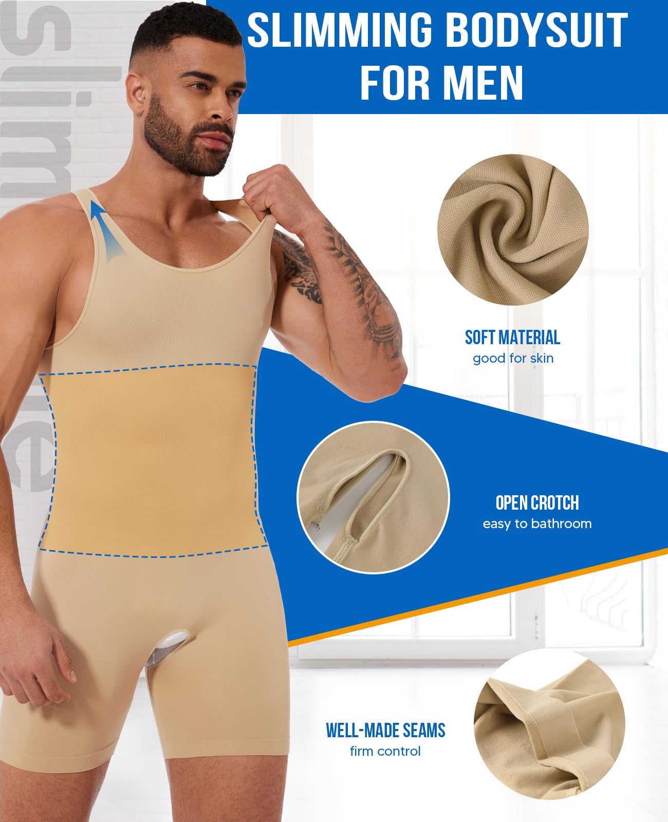 SLIMBELLE Bielizna modelująca męskie podkoszulki kontrola brzucha modelująca całe ciało bielizna męska body bezszwowa lekka modelująca tank top, biały - 01, L | Bezszwowa i lekka, modelująca całe ciało dla mężczyzn, miękka jak druga skóra