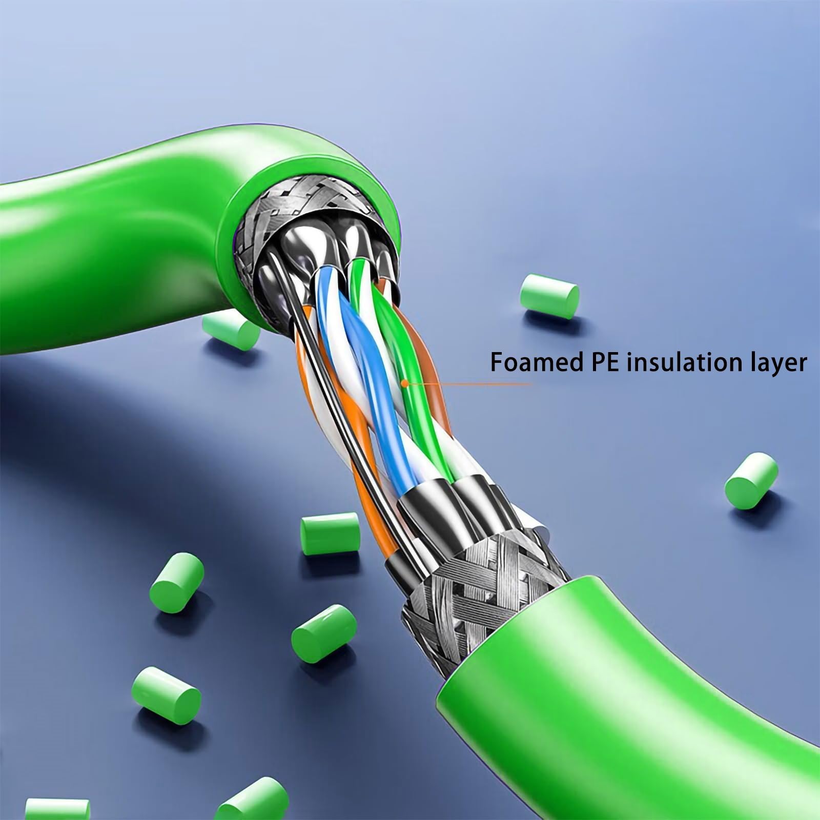 Câble Réseau SFTP Cat6e 26 AWG – Gaine PUR, OFC 8 Conducteurs, Double Blindage, Homologué CMR, Flexible Industriel, Câblage Intérieur Rouleaux De 50/100/200/300 M(650ft,26AWG-green-cat6e-8c-PUR)