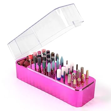 Nail Drill Holder, 40 Holes Nail Drill Bit Holder, Drill Accessories Organizer Case for Nail Tech, Acrylic Storage Box for Nail Drill Manicure Tool Red-plated