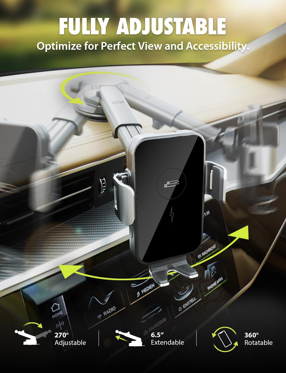 Bracketron PwrUp Auto - Soporte de Carga inalámbrica rápida Qi de 15 W para Coche, salpicadero, Rejilla de ventilación, Cargador de teléfono Celular