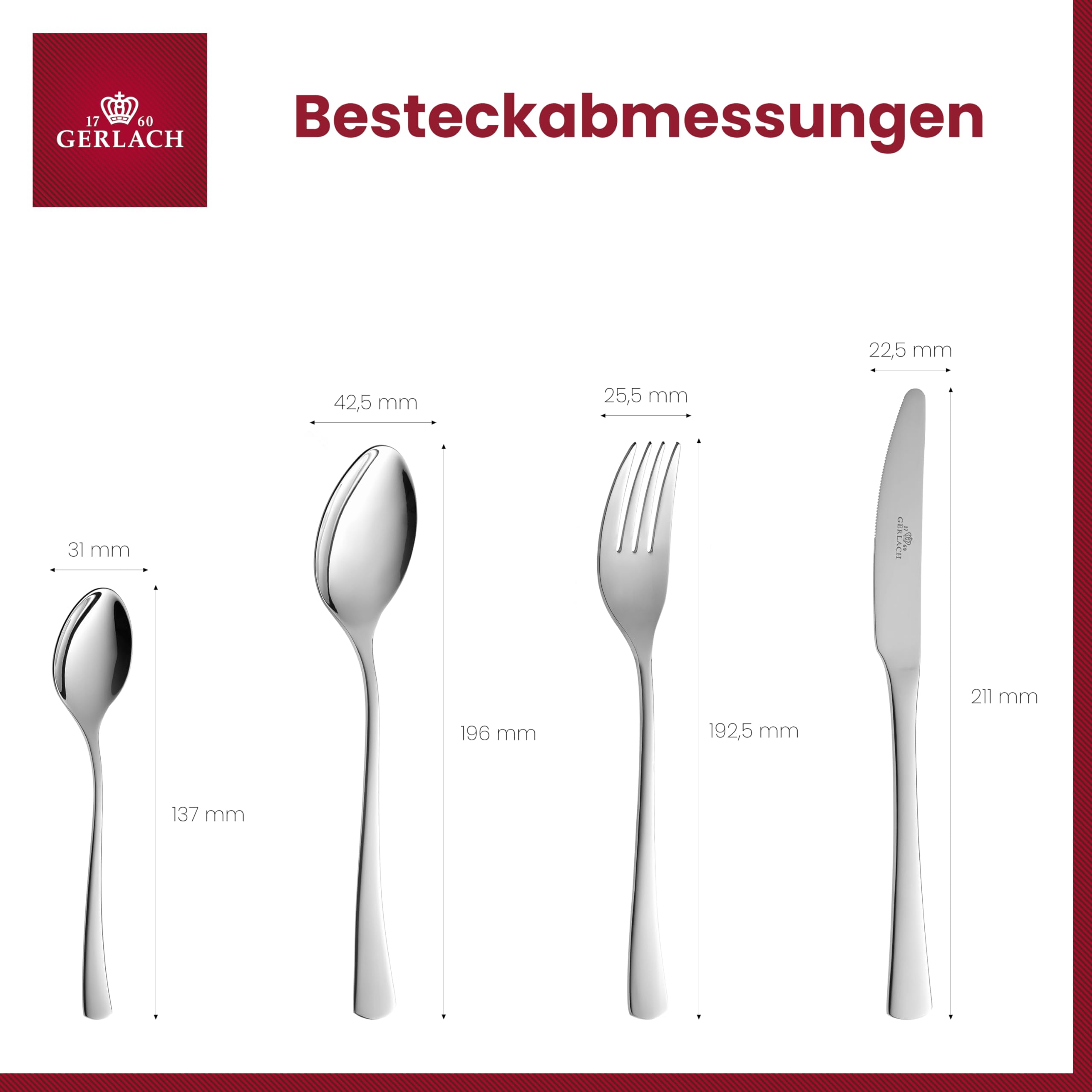 Gerlach 1760 Besteck Set 6 Personen - 24-teilig - Edelstahl 18/0 - Nickelfrei - Essbesteck Spülmaschinenfest - Tune
