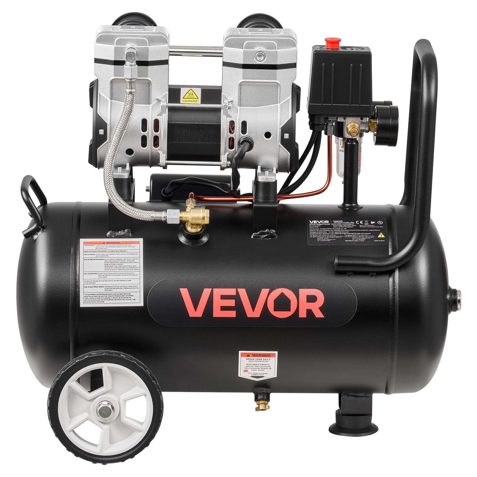VEVOR Sprężarka sprężonego powietrza 1,1 kW, bezolejowa sprężarka ze zbiornikiem powietrza 24 l, 68 l/min przy 6,2 bar i maks. 8 bar, przenośna sprężarka powietrza z kółkami i uchwytem do warsztatu
