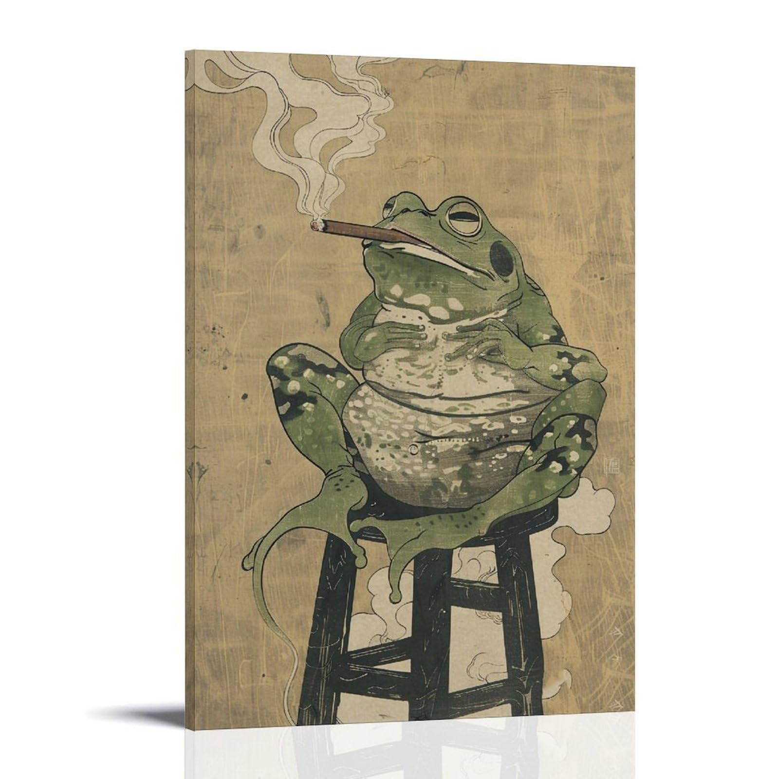 HUERYRYHY Smoking Frog 04 Poster Wall Art Canvas Vintage Aesthetic Painting Decor for Rooms 24x36inch Frame-style