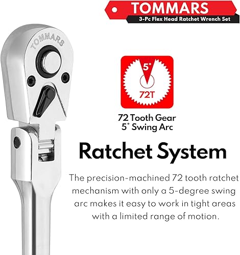 Miniatura 4 de TOMMARS Juego de trinquete de cabeza flexible, 14", 38", 12" llave de mango de trinquete flexible de 72 dientes reversible de liberación rápida