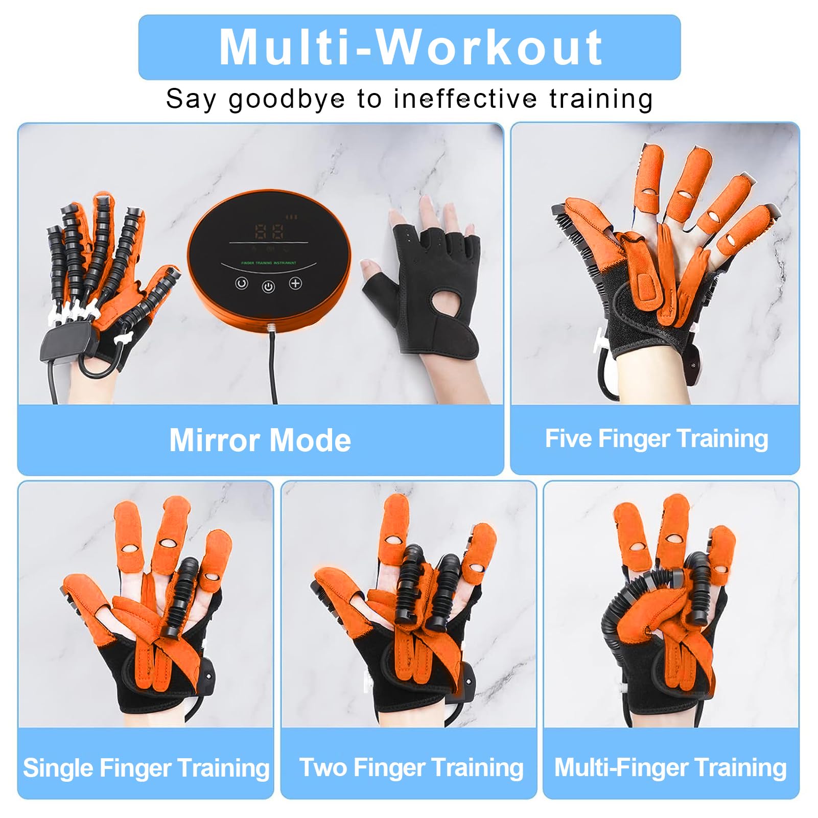Emiplegia Guanti Robot per Riabilitazione Mani Sinistra/Destra, Trainer della Mano per Ictus Fisioterapica, Attrezzi Riabilitazione Artrite Guanti da Massaggio(Size:Destra L,Color:Blu)