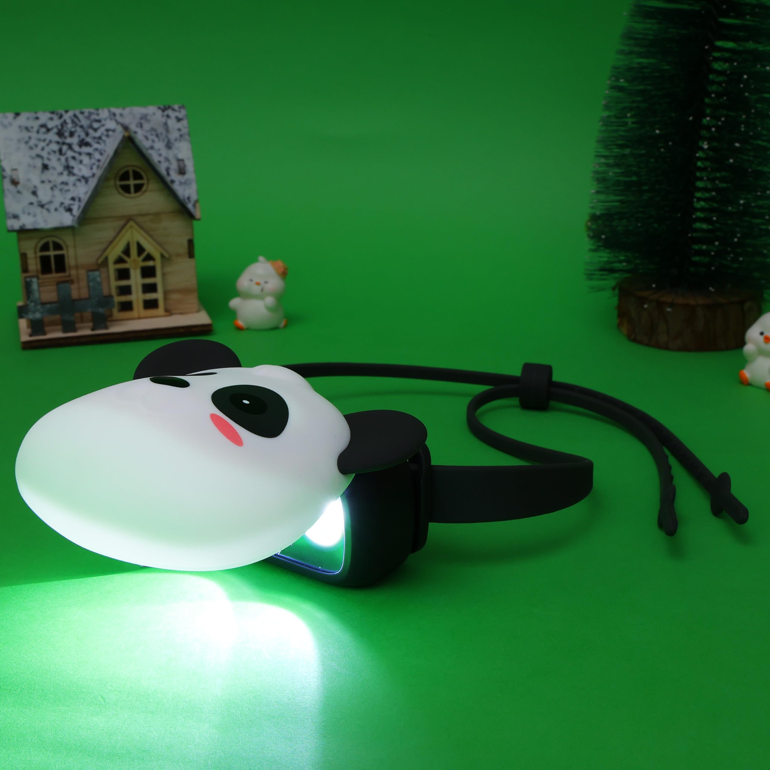 Ammonite Kids Panda Headlamp, USB-C Rechargeable LED Head Light with 3 Modes & Flash, 0-90° Adjustable Beam, Soft Silicone Strap, Flip-Up Hidden Light for Camping Reading