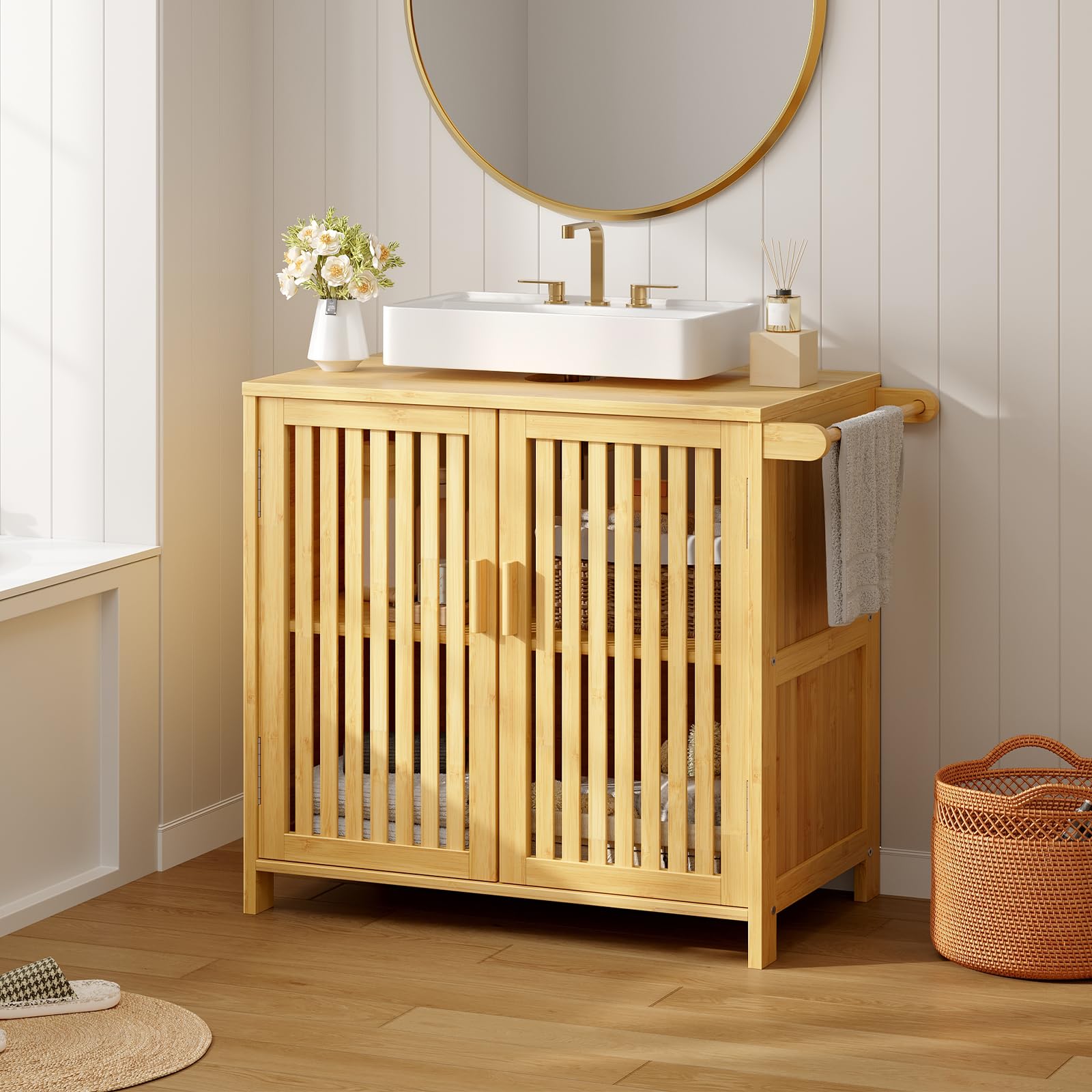 HOOBRO Bambus-Waschbeckenunterschrank mit 2 Türen, 2 Fächern und Handtuchhalter, Unterschrank, Badezimmerschrank, Badschrank, 60 x 30 x 60 cm, für Waschbecken ohne Säule, Natur EYL06BV01
