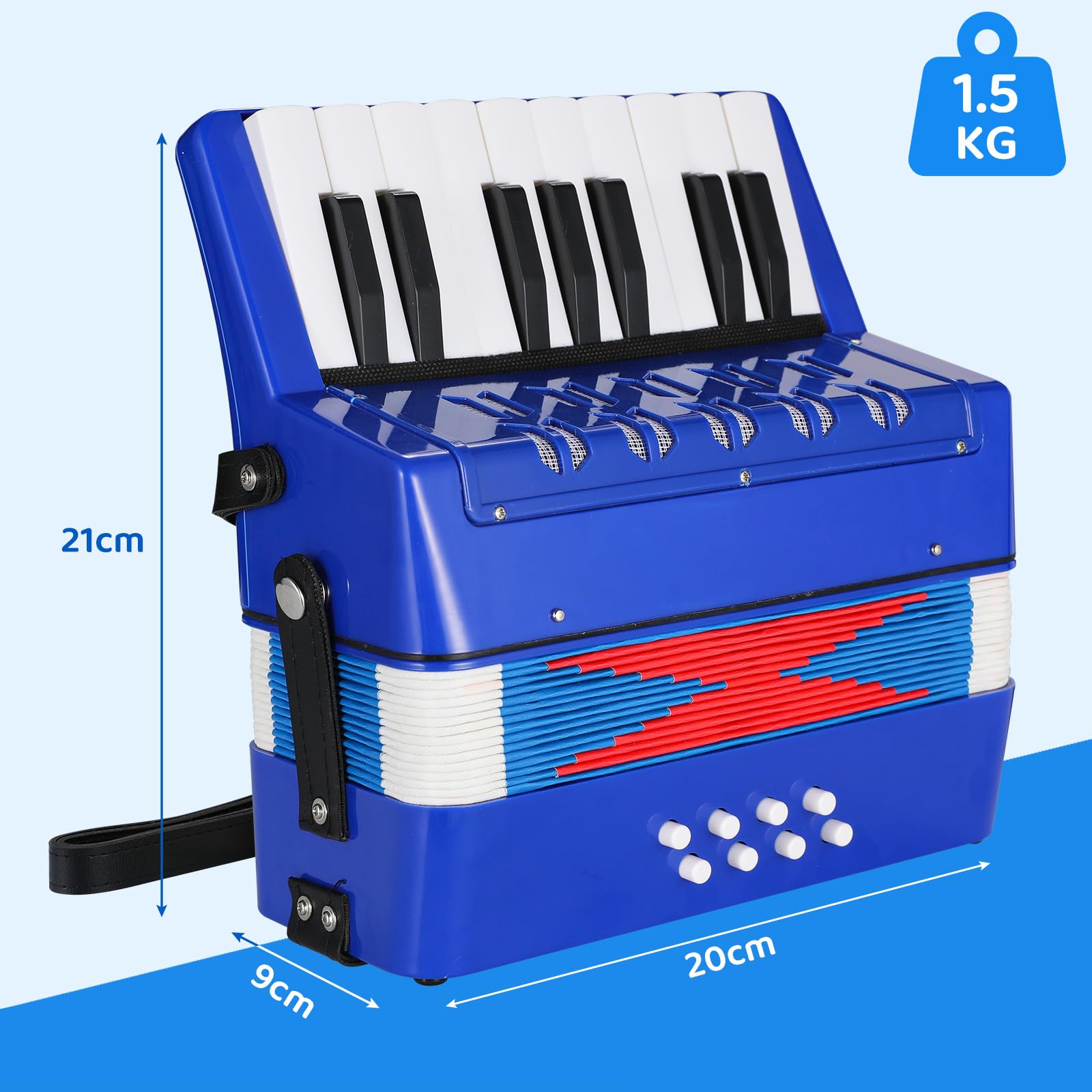 Akordeon dla dzieci, 17 przycisków, 8 basów, harmonijka dla dzieci z regulowanymi paskami do noszenia, dla dorosłych i 3 lata, instrument muzyczny, prezent dla początkujących, niebieski