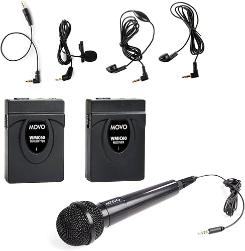 Movo Sistema de micrófono inalámbrico de solapa, rango de 164 pies, incluye micrófono de mano, micrófono de lav, 2 auriculares, monitoreo de audio