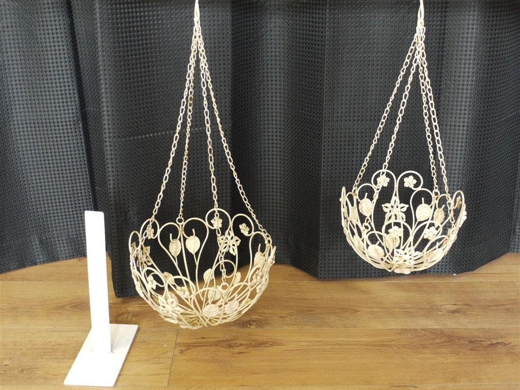 Pair of Shabby Chic Cream Wrought Iron Metal Garden Hanging Basket Planter