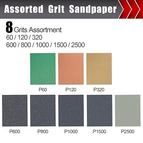 Miniatura 3 de 24 piezas de papel de lija, papel de lija húmedo y seco, surtido de papel de lija de grano 60120320600800100015002500 para madera, metal, paneles de