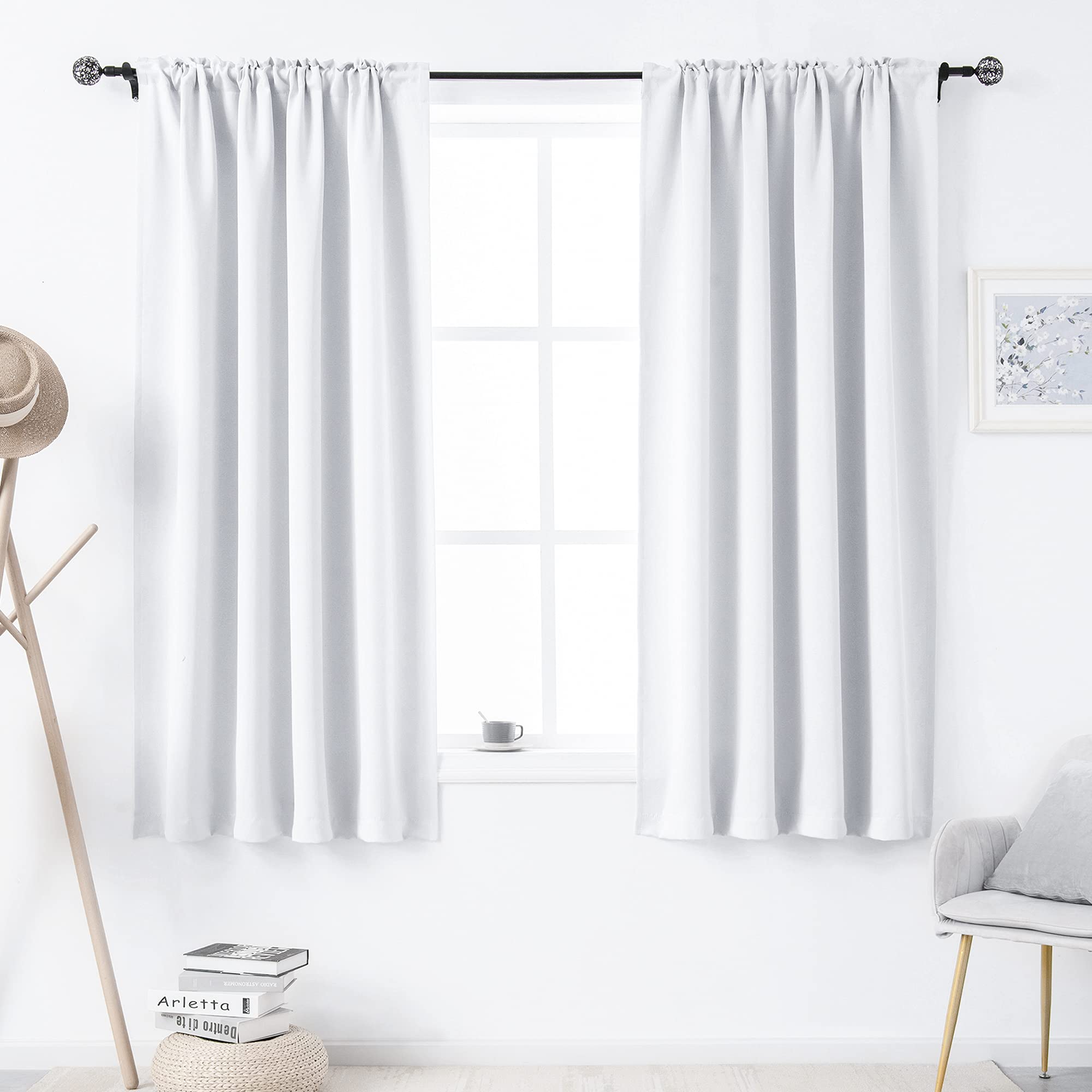 DUALIFE Pure White Room Darkening Curtains for Bedroom Small Windows - 45 Inch Length Rod Pocket Thermal Insulated Block Out Soundproof Curtains for Living Room Set of 2 Panels (White 54x45)