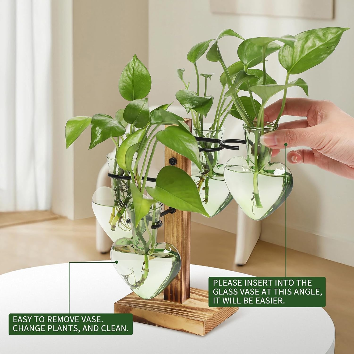 Plant Terrarium Propagation Stations with Wooden Stand, Glass Vase for Indoor Hydroponics Home Garden Office Decoration Gift for Women - 4 Love Bulb Vase - Image 3