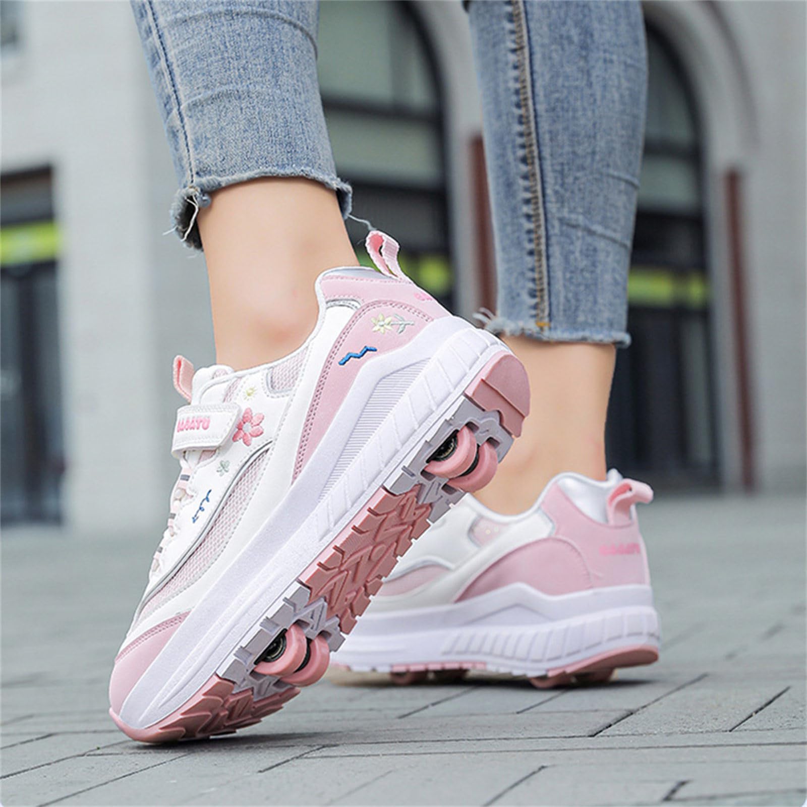 Mateju Chaussures à roulettes Fille Garçon Patins à roulettes Rétractable Enfant avec 4 Roulette, Fleurs 2 en 1 Chaussures de Skateboard Réglables Adolescents pour Femme Homme