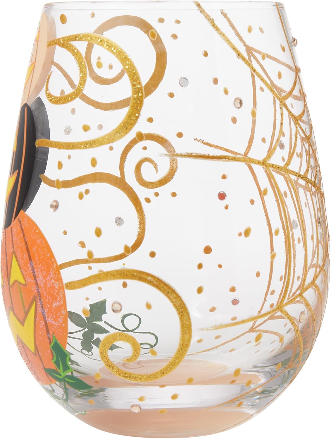 Enesco Lolita Hello Halloween Jack-o-Lanterns Hand-Painted Artisan Stemless Wine Glass, 20 Ounce, Multicolor