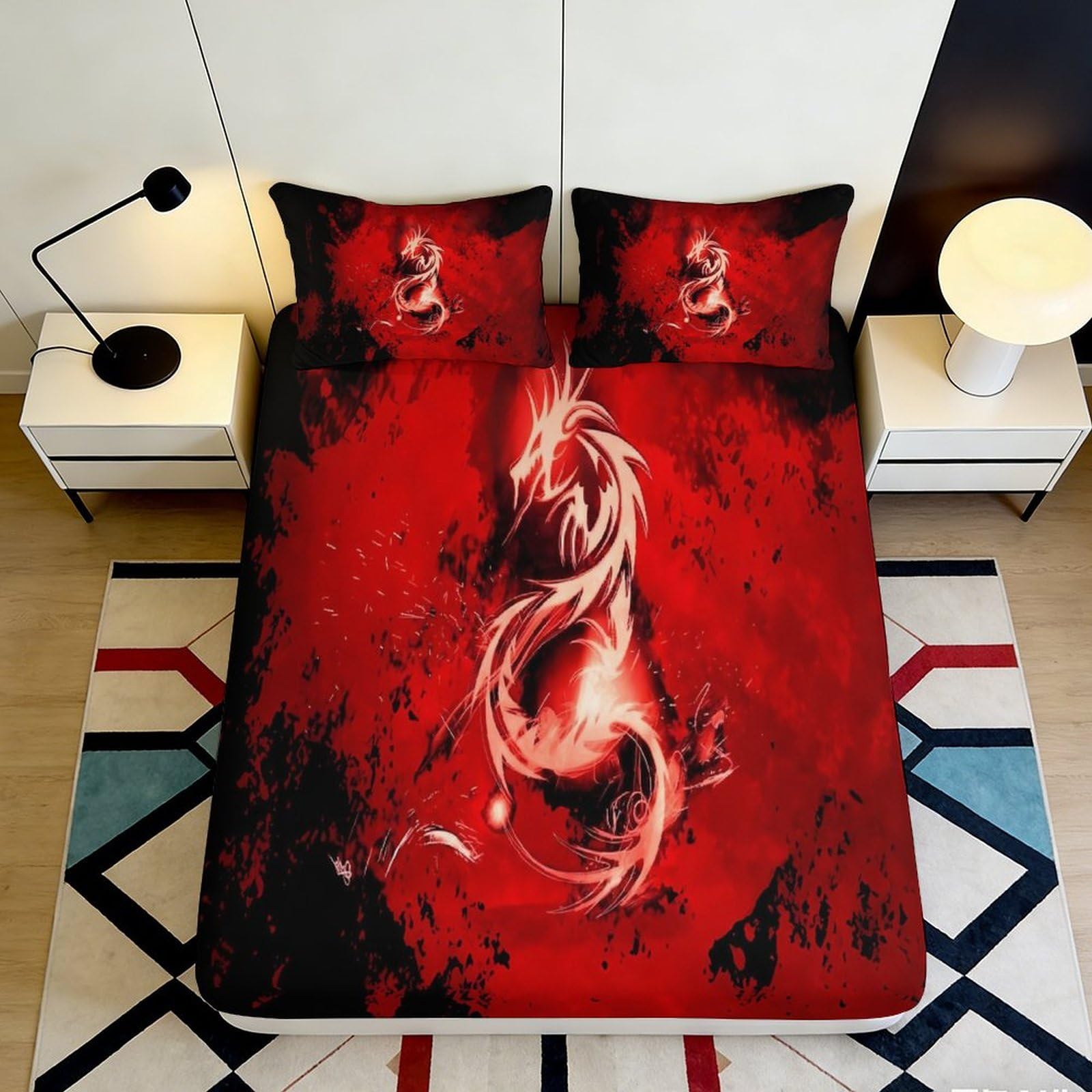 3D Printed dragon pattern Fitted Sheet, red black colour, soft touch Microfiber, wrinkle resistant, stylish home decor, apartment bedding 120x200x25cm