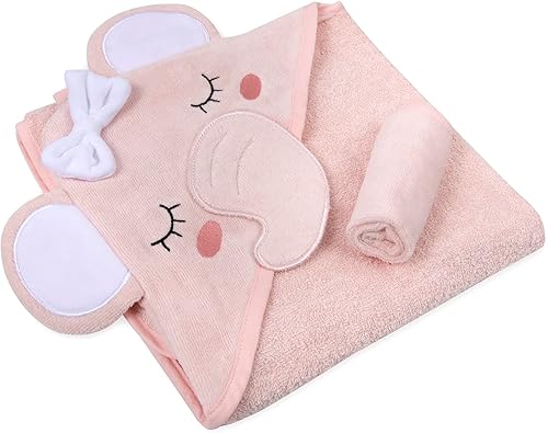 Miniatura 3 de Juego de toallas y paños con capucha de animales para recién nacidos, bebés, niños pequeños y niñas de 3 a 24 meses (delicado elefante rosa)