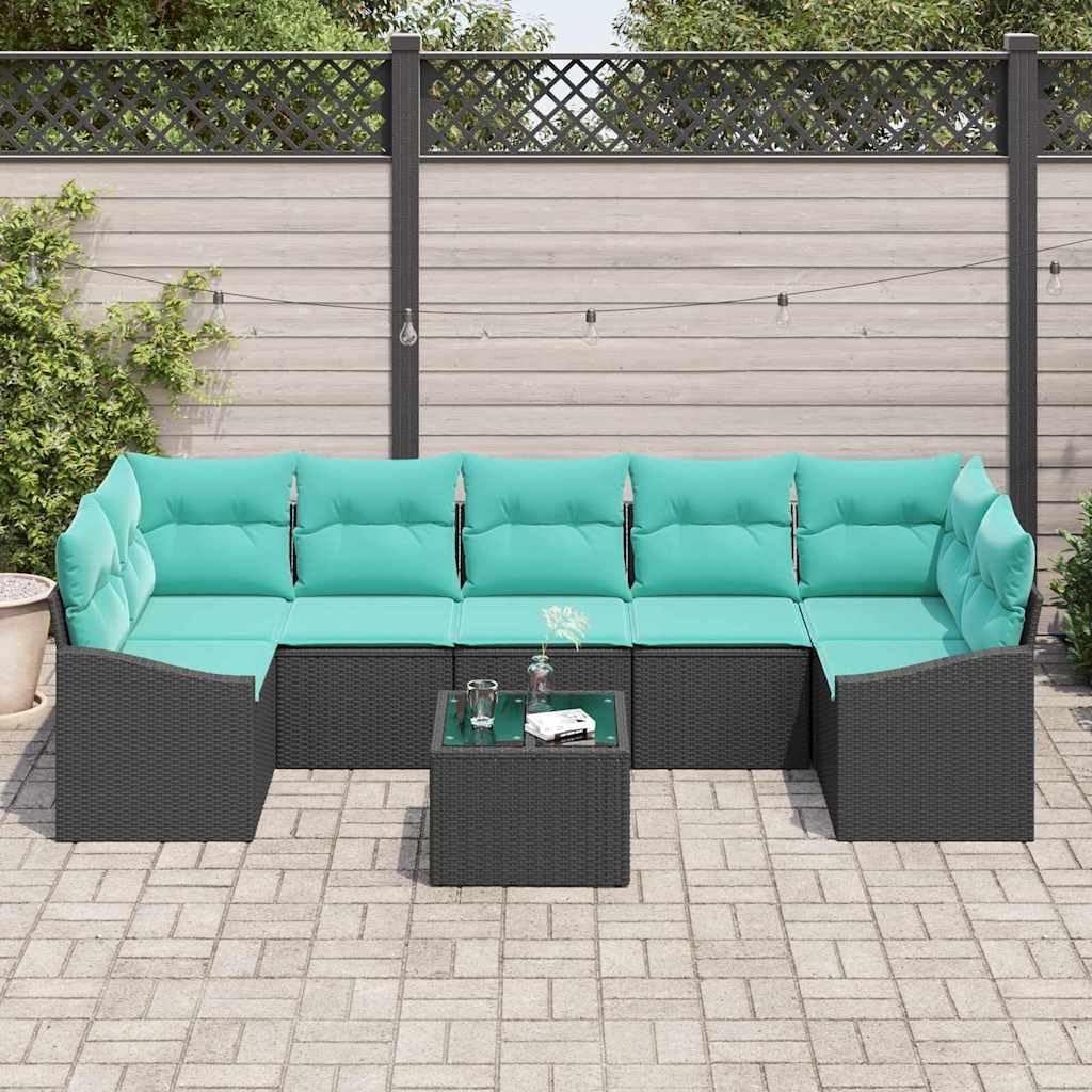 Set di 8 divani da giardino in polyrattan, colore nero e turchese | Il tavolo regolabile in altezza trasforma l'area lounge in tavolo da pranzo su balcone e terrazza, con spazio di