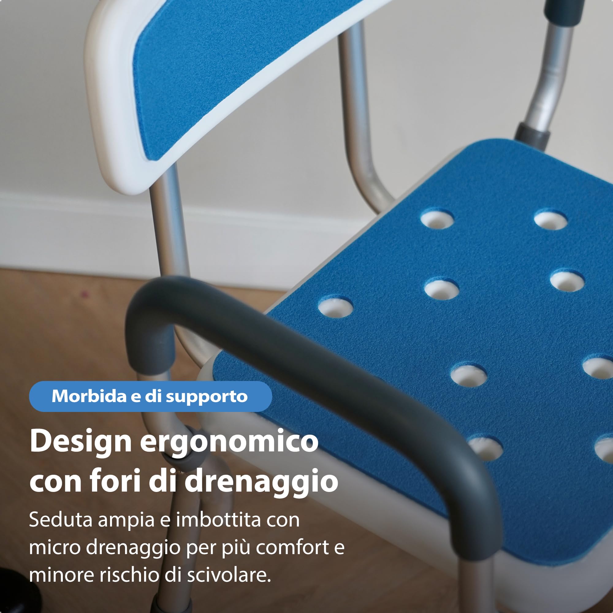 Safe Age Sedia per Doccia per Anziani - Sgabello Doccia Antiscivolo con Schienale e Braccioli Rimovibili, Regolabile in Altezza e Facile da Montare