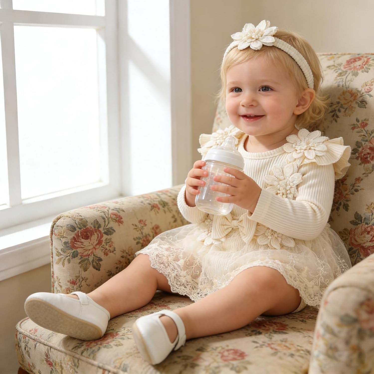 Baby Girl Dress Romper Flowers Embroidery Baby Lace Romper Infant Girl Fall Winter Clothes with Headband - Image 3