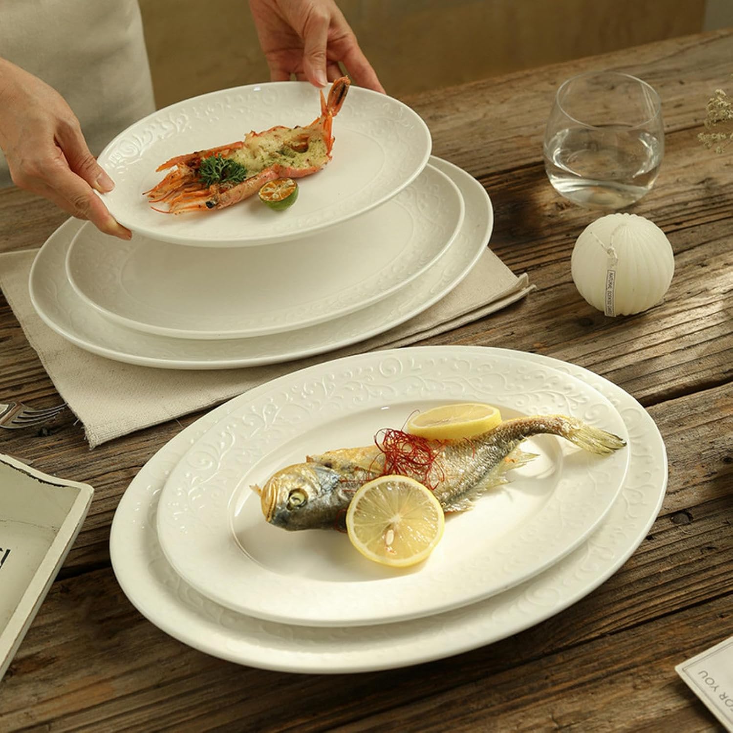 Embossed oval household fish dish creative ceramic white tableware -12