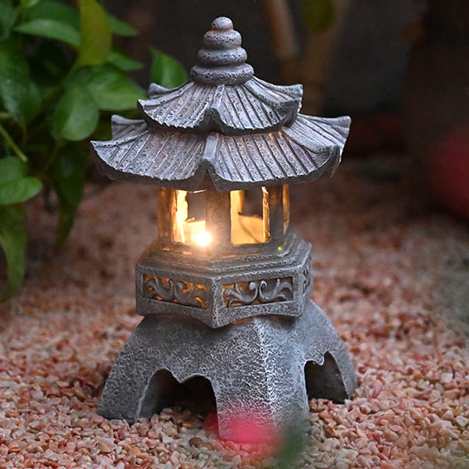 Linterna japonesa para jardín japonesa con adornos solares japoneses Zen - Linterna ornamental para decoración interior y exterior - Lámparas solares para jardín, patio, altura 26 cm, gris