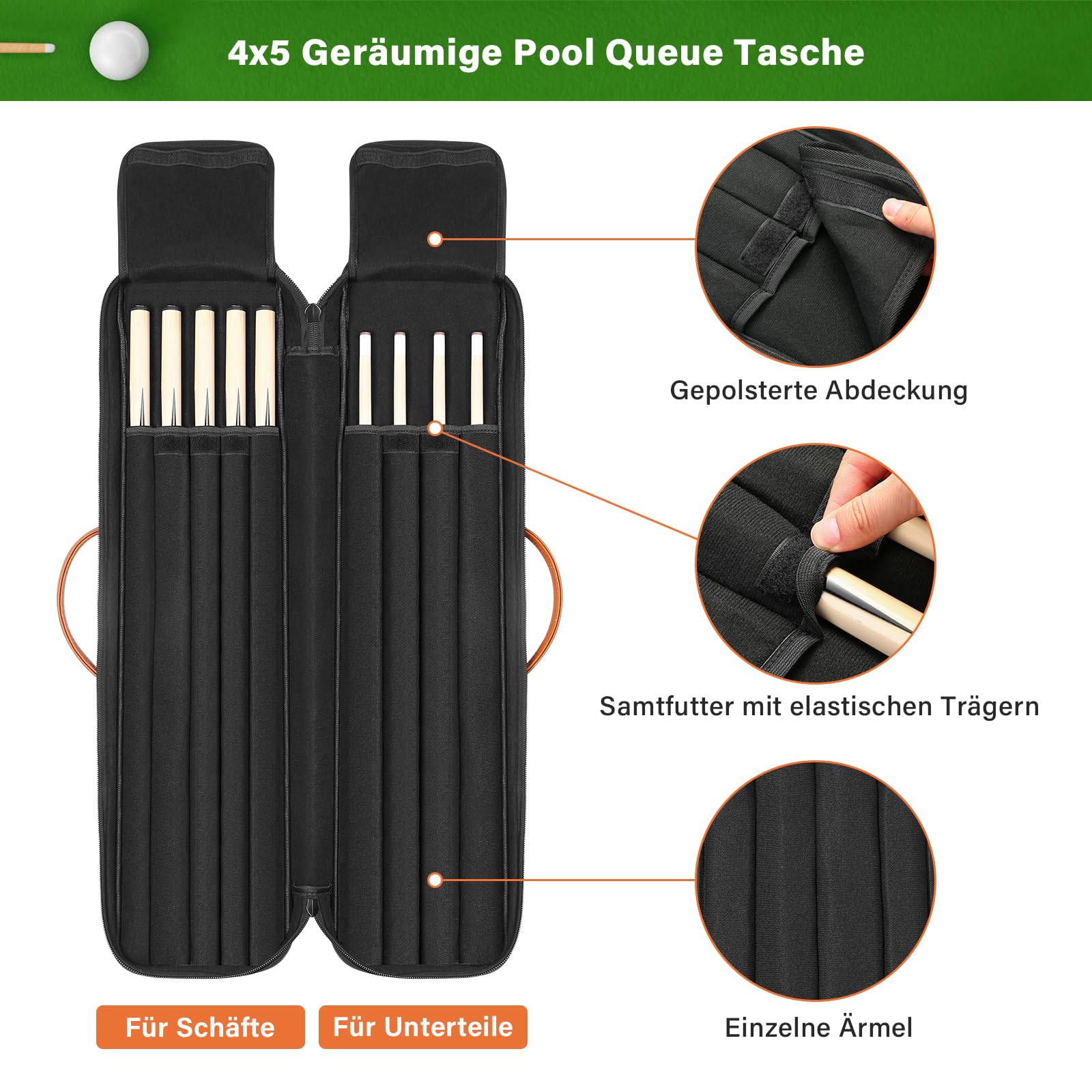 4x5 Billard Queue-Tasche – Weich Gepolstert Für 4 Unterteile & 5 Schäfte, 1680D Oxford-Außenmaterial, Mit 2 Außentaschen, Schultergurten & Tragegriff 4x5 Billard Queue-Tasche – Weich Gepolstert Für 4 Unterteile & 5 Schäfte, 1680D Oxford-Außenmaterial, Mit 2 Außentaschen, Schultergurten & Tragegriff
