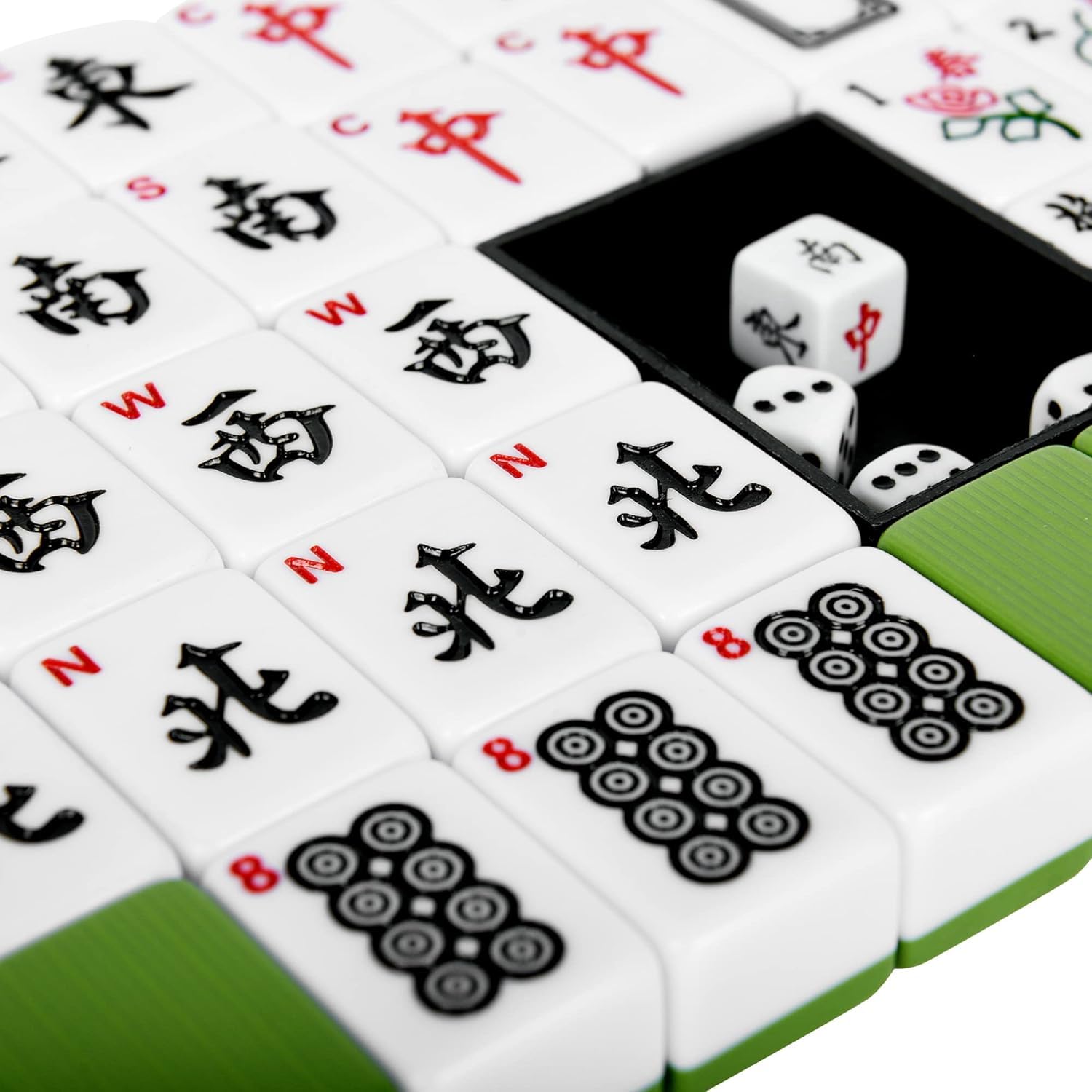 Mahjong - Juego de 144 piezas de azulejos de 3,0 x 2,25 x 1,7 cm, portátil con 3 dados, formato completo con números en inglés para viajes, fiestas, juegos familiares y adultos