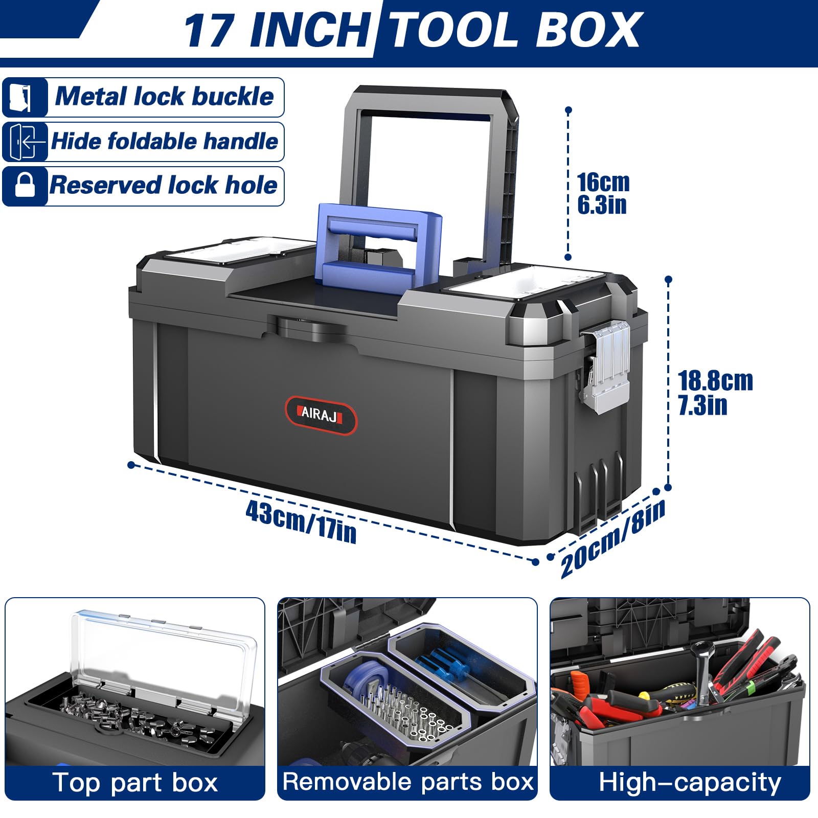 3-in-1 Werkzeugkoffer mit Rollen,Modularer Werkzeugkoffer Leer,Stapelbarer Werkzeugkiste,Oberteil mit Teilebox,mit Abnehmbarer Kleinteilebox,Geeignet für Zuhause,Reparieren und Garage,17"+19"+21"