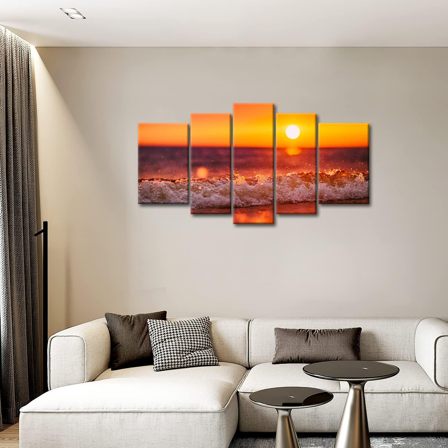 Sunset Wall Art Orange Sea Beach on Tropical Island at Sunset Canvas Pictures Artwork 5 Panel Seascape Painting Prints for Home Living Dining Room Kitchen