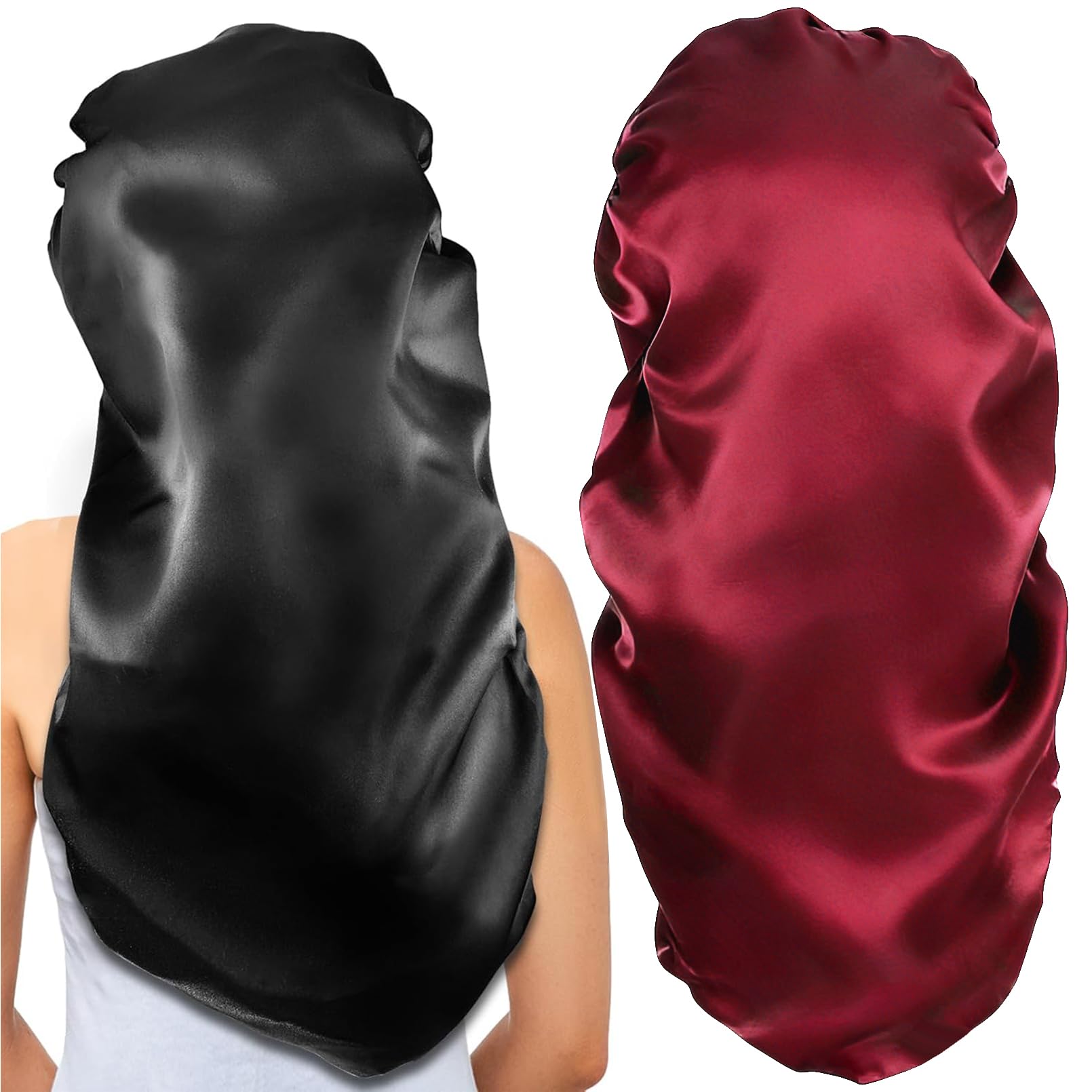 2 Stück Lange Satin-Schlafhaube, extra große Zöpfe, Hauben zum Schlafen, Lange Haare, weich und bequem, elastisches Band für Frauen, Nachtschlaf, Haar-Mützen für Frauen, Satin, schwarz + rosa Muster