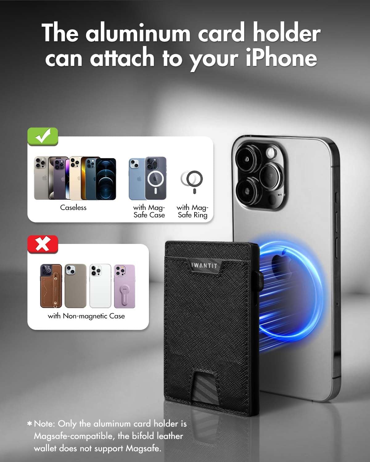iwantit 3 in 1 Magsafe Wallet Men: Bifold Wallet + Magnetic Wallet for iPhone - Detachable Cash Strap, Smart Pop Up Card Holder, ID Window, Premium Leather (Cross Grain Black)
