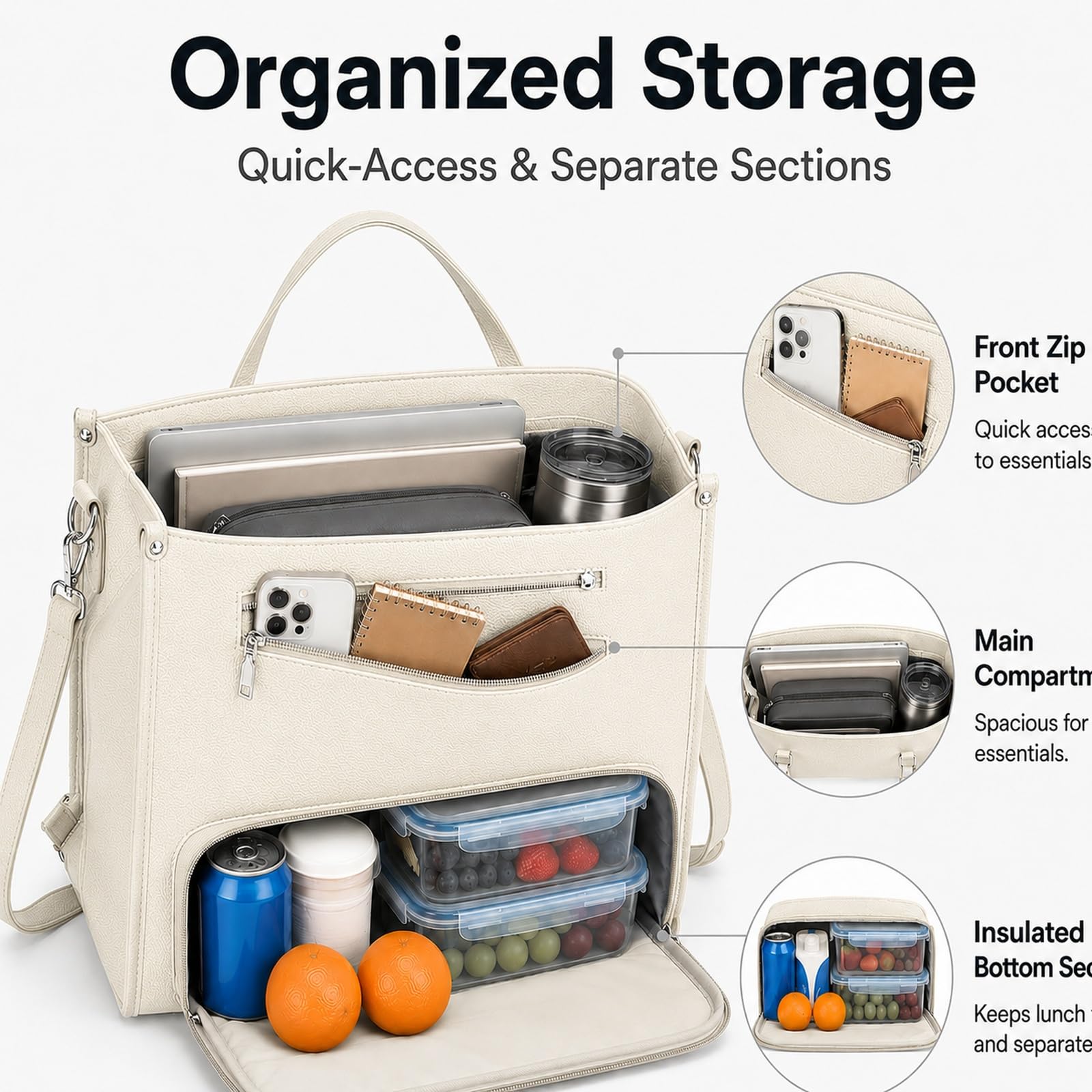 GOOGO Borsa pranzo donna con scomparto termico, borsa laptop elegante idrorepellente con vano lunch separato e molte tasche, per ufficio, campus e pendolarismo (bianco)
