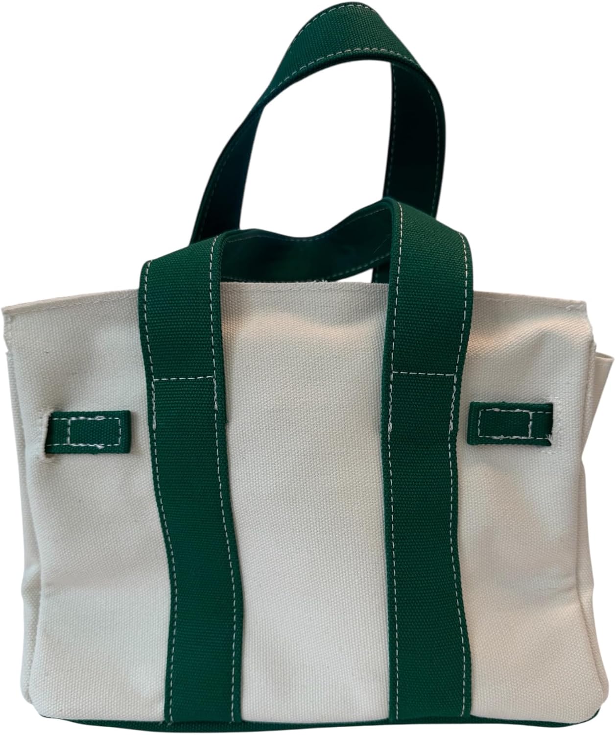 Canvas Mini Tote Bag, 8 Pockets, Distressed Finish, Durable, Gold Hardware (Green/Cream)
