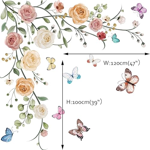 Miniatura 4 de Runtoo Pegatinas colgantes de flores y vides, diseño de peonía y mariposas florales para niñas, dormitorio, sala de estar, fondo de TV, decoración