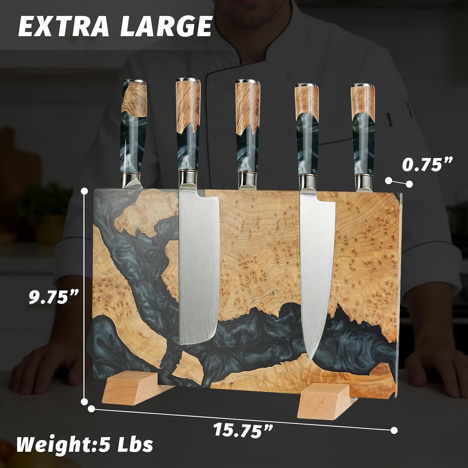 Magnetic Knife Block-16 Knife Holder-Handcrafted Burl Wood Resin Design -Upgraded Strong Neodymium Magnets-Kitchen Countertop Storage