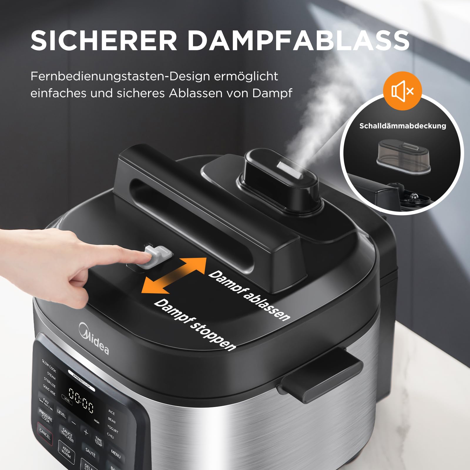 Midea 9-in-1 Multikocher, 6L mit 12 Kochfunktionen Elektrischer Schnellkochtopf (Langsamkochen, Reiskocher, Sous Vide, Kuchenbäcker), 70% schneller, gebürsteter Edelstahl & Schwarz