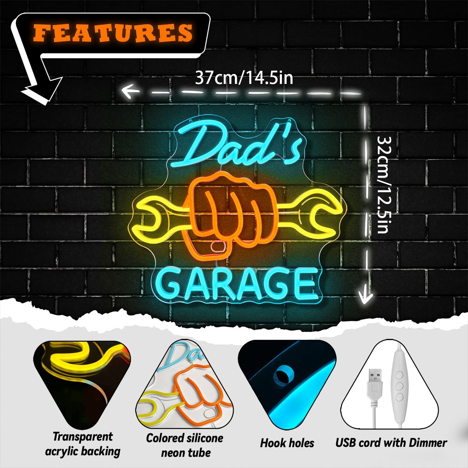 Dad’s Garage Neon Sign, LED Garage Neon Light for Men, Father’s Day Gift for Dad,Dimmable Garage Neon Light for Auto Repair Shop Man Cave Workshop Decor - Image 4