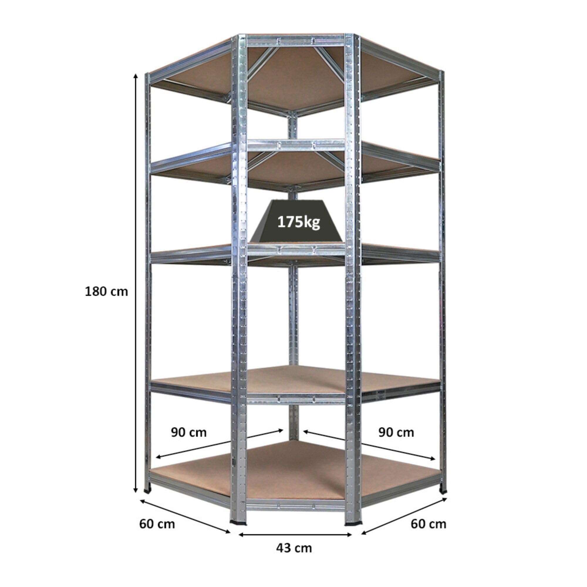PROREGAL Etagère d'angle Ragnar | HxlxP 180x90x60cm | Charge Totale de 875kg | Galvanisée | Étagère de Cave, étagère enfichable