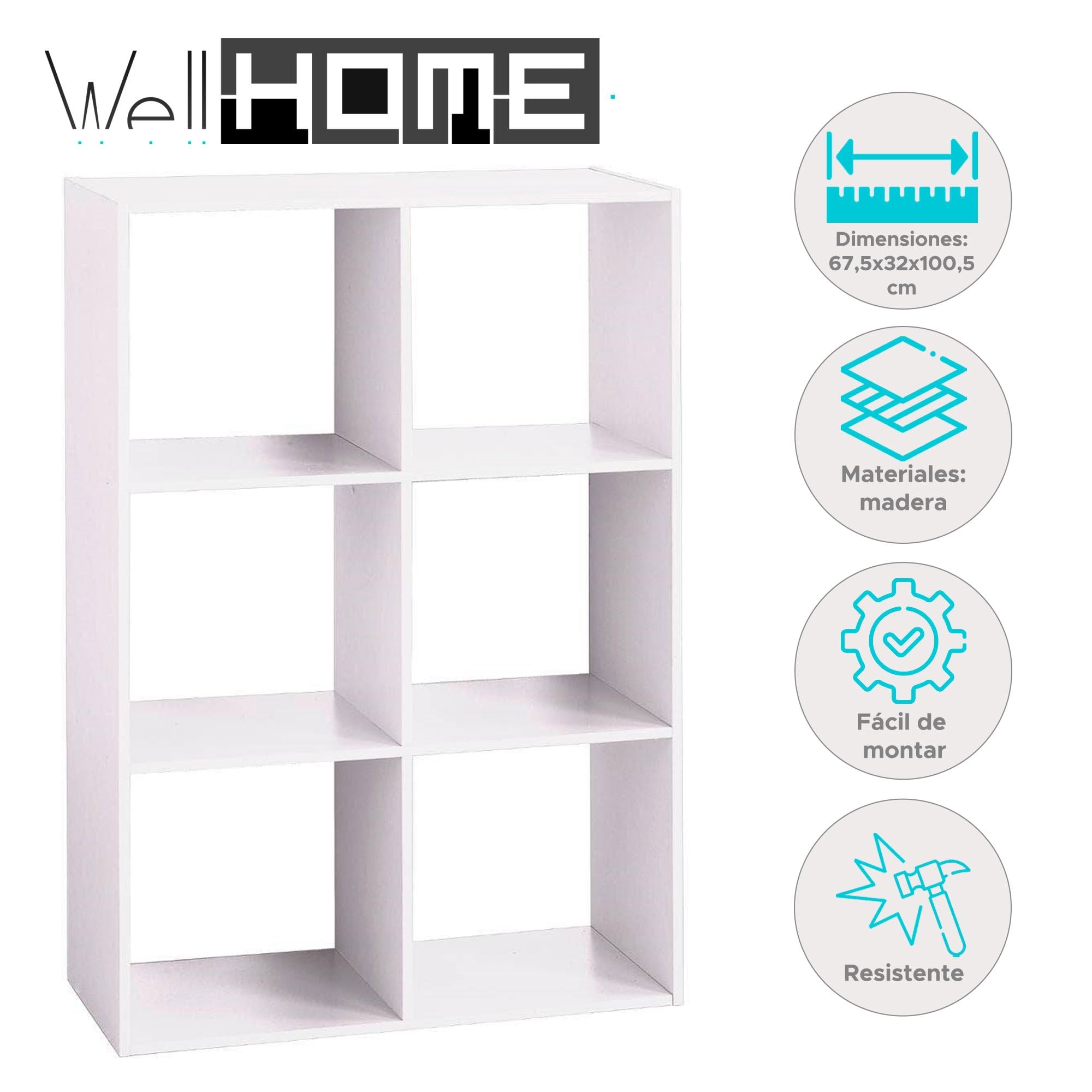Estante de madera con 6 compartimentos color blanco H.100,5cm