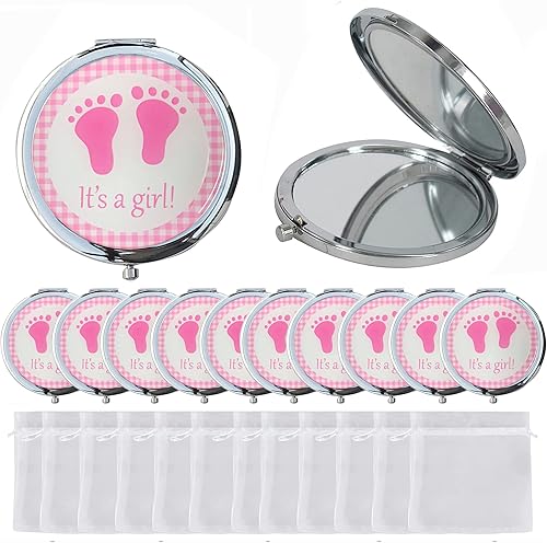 Miniatura 1 de 12 piezas de espejo compacto para baby shower, color rosa, diseño de pies de bebé, espejos de maquillaje, regalo para invitados