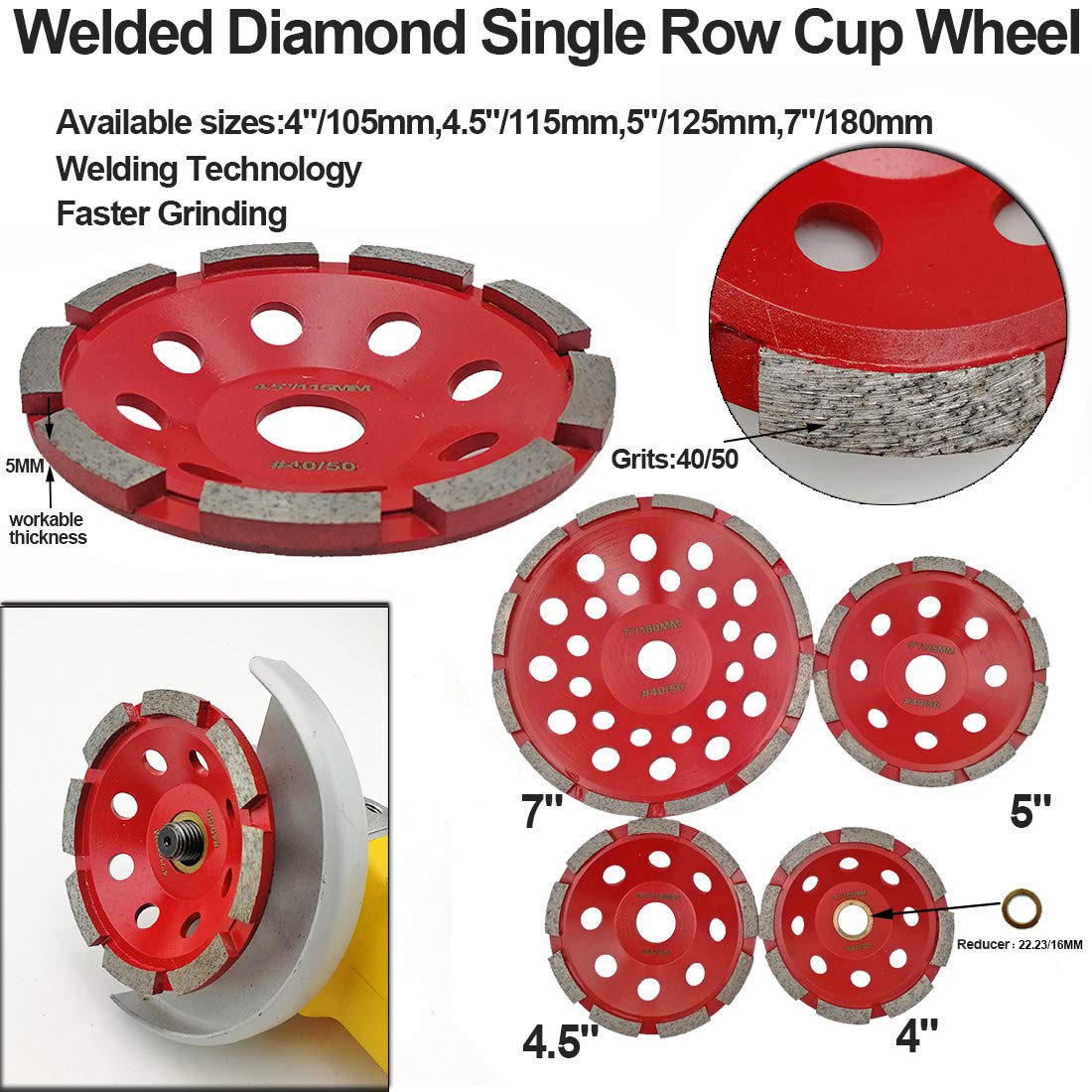 SHDIATOOL Rueda de copa de pulido de diamante 180mm sola fila soldada con autógena para granito de mampostería de hormigón de mármol