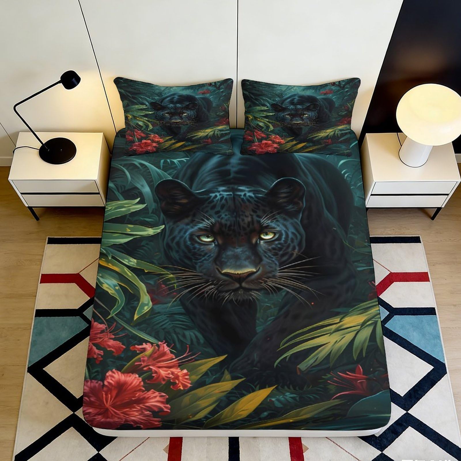 3D Printed Black Panther Fitted Sheet Microfiber Soft Breathable Jungle Pattern Bed Cover for Bedroom Dormitory Guest Room Mattress Protection 180x200x25cm