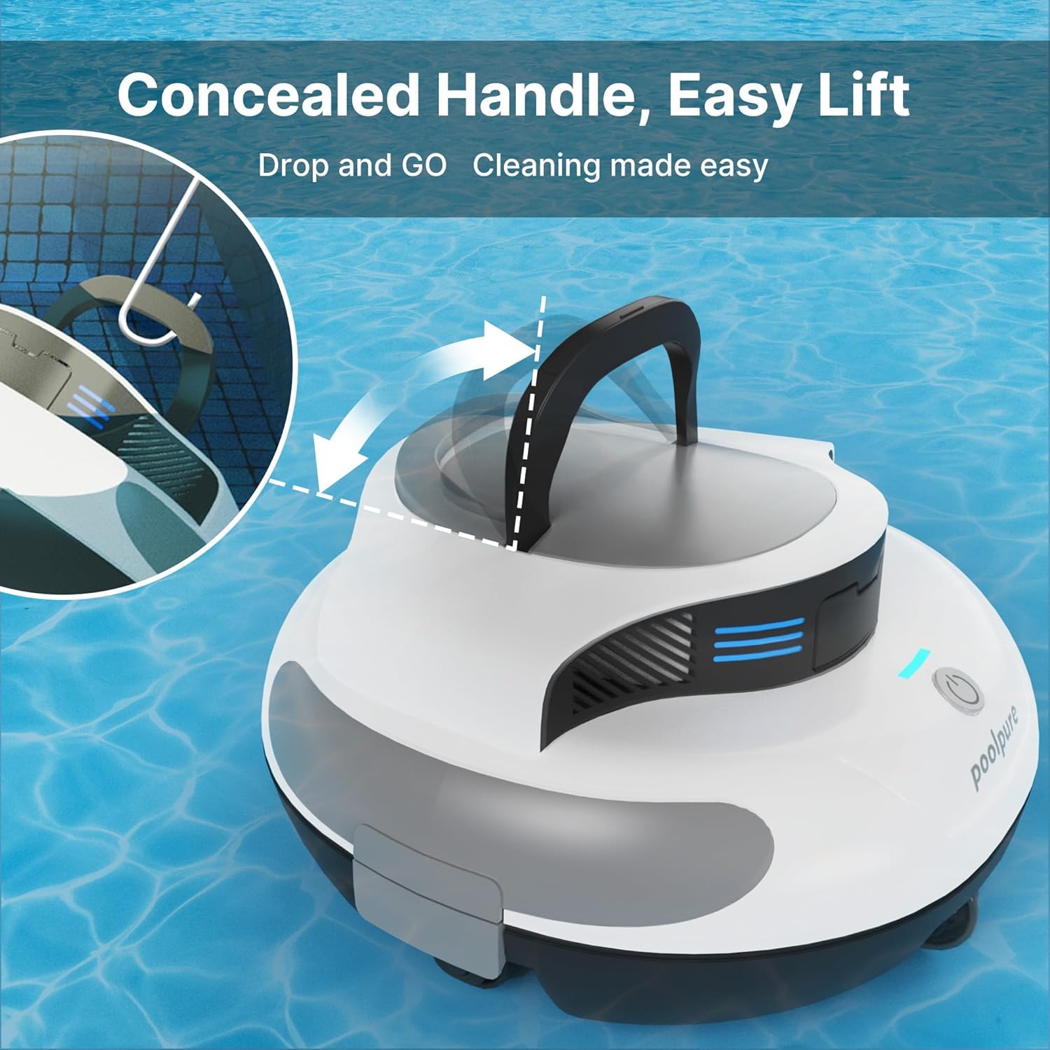 POOLPURE Aspirapolvere per piscina, batteria da 5000 mAh, doppio motore, indicatori LED, funzione self-Parking, IPX8, impermeabile, robot da piscina senza fili per piscine piatte da 90 m²