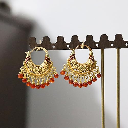 Miniatura 6 de Pendientes de aro estilo chino vintage con cuentas de ágata azulroja y borlas de perlas, latón chapado en oro de 18 quilates, joyería bohemia para