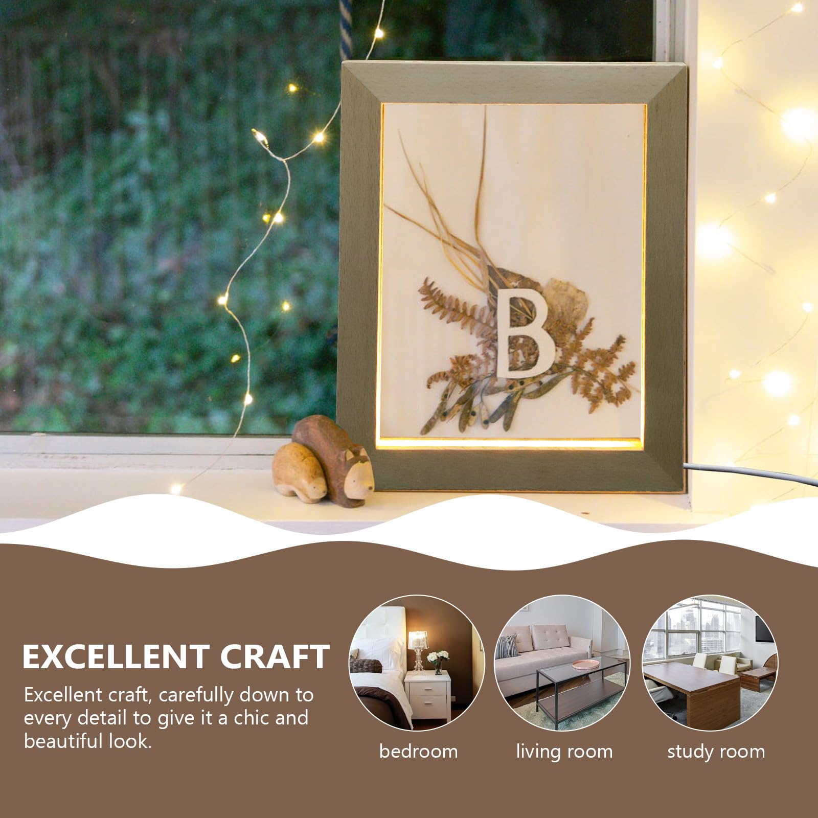 Abaodam Portafotos Elegante Marco de Fotos Luminoso LED 23X17 CM para Uso en Oficina y Hogar Soporte de Madera y Luz Cálida USB